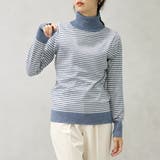 ペールブルー×キナリ | 【洗えるニットシリーズ】もちもちニット ボーダータートルネックニット | FashionBerry