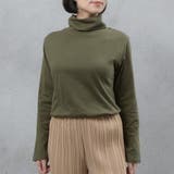 カーキ | コットン100％フライス素材無地タートルネック長袖Tシャツ | FashionBerry