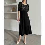 ブラック | aity アイティ 刺繍レース切り替えフレアドレス | Fashion Letter