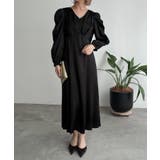 ブラック | aity アイティ サテンVネックタックフレアドレス | Fashion Letter