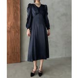 アッシュネイビー | aity アイティ サテンVネックタックフレアドレス | Fashion Letter