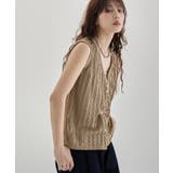 ベージュ | etoll エトル フリルストライプVネックトップス | Fashion Letter