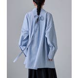 ブルー | etoll エトル チェック柄ボウタイ付きオーバーシャツ | Fashion Letter