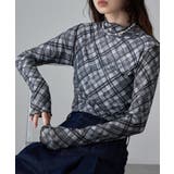 ブラック | etoll エトル チェック柄シアーボトルネックトップス | Fashion Letter