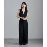 ブラック | etoll エトル コルセット風ウエストタックオールインワン | Fashion Letter
