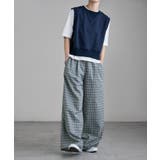 ブルー | etoll エトル チェック柄コットンワイドパンツ | Fashion Letter