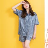 グレイッシュブルー | milky-satin半袖パジャマシャツ・ハーフパンツ上下セット | fran de lingerie