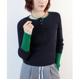 ネイビー | ヘンリーネック配色リブニットトップス | futier land