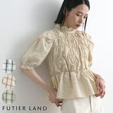 ベージュ | チェック柄シャーリングブラウス | futier land