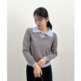 ブルー×グレー | こなれ感出せる配色ニット。レイヤード風ポロニットトップス | futier land