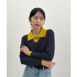 イエロー×ネイビー | こなれ感出せる配色ニット。レイヤード風ポロニットトップス | futier land
