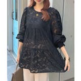 ブラック | ふわっと広がる女性らしさ◎ジャガードフラワーシアーチュニックブラウス | futier land