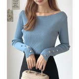 ブルー | 華奢映えワンポイント。袖ハートリブニットボートネックトップス | futier land