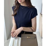 ネイビー | もっちり柔らかい。プチハイネックフレンチスリーブサマーニットトップス | futier land