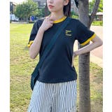 ネイビー | 《ABYSアビス》配色が可愛い！コンパクトなワンポイント刺繍リンガーTシャツ | futier land