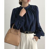 ネイビー | 大人ブラウスの抜け感。ハイネックバルーンスリーブブラウス | futier land