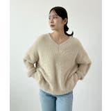 ベージュ | フワフワ抜け感あるVネック。モヘアタッチ裾リブシャギーニット | futier land