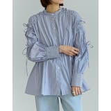 ネイビー(021) | ストライプギャザーリボンブラウス | Re:EDIT