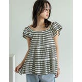 オフホワイト(502) | スクエアネックワッフルボーダーフリルフレンチスリーブトップス | Re:EDIT