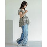 スクエアネックワッフルボーダーフリルフレンチスリーブトップス | Re:EDIT | 詳細画像11