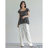 スクエアネックワッフルボーダーフリルフレンチスリーブトップス | Re:EDIT | 詳細画像6