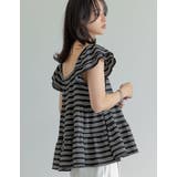 スクエアネックワッフルボーダーフリルフレンチスリーブトップス | Re:EDIT | 詳細画像7