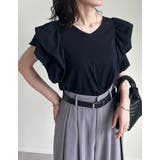 ブラック(501) | Vネックコットンブレンド天竺バルーンスリーブTシャツ | Re:EDIT
