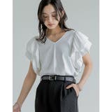 ホワイト(502) | Vネックコットンブレンド天竺バルーンスリーブTシャツ | Re:EDIT