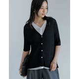 ブラック(501) | リブニット配色レイヤード風半袖カーディガン | Re:EDIT