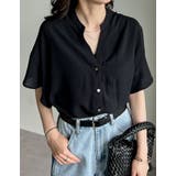 ブラック(501) | ポーラVネックフレアスリーブ切り替え半袖ブラウス | Re:EDIT