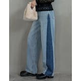 ブルー配色(511) | コットンデニムサイド切り替えバレルレッグカーブパンツ | Re:EDIT