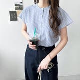 ブルー系ストライプ | コットンライクフレンチスリーブブラウス | GeeRA