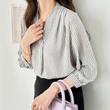 モノトーンストライプ | タックデザインスキッパーブラウス（七分袖） | GeeRA