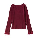 ボルドー | レース付Vネックリブニットトップス | GeeRA