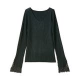 ブラック | レース付Vネックリブニットトップス | GeeRA