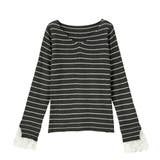 黒系ボーダー | レース付Vネックリブニットトップス | GeeRA