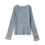ブルー | レース付Vネックリブニットトップス | GeeRA
