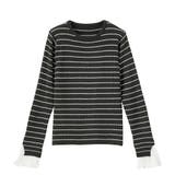 黒系ボーダー | プリーツ付クルーネックリブニットトップス | GeeRA