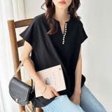 ブラック | パール調ビーズ付キーネックトップス オフィスカジュアル | GeeRA