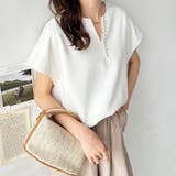 オフホワイト | パール調ビーズ付キーネックトップス オフィスカジュアル | GeeRA