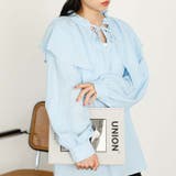 サックス | ワッシャー素材フリル衿シャツブラウス | GeeRA