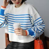 オフ白×ブルーボーダー | さらっと素材パネルボーダーショートニット | GeeRA