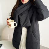 ブラック | ストール付ノーカラーフェイクダウンコート | GeeRA