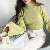 ライムグリーン | ハイネックフレアースリーブリブニット | GeeRA