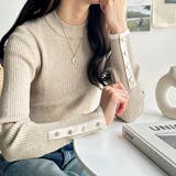 杢ベージュ | 袖口ボタン配色ハイネックリブニット | GeeRA