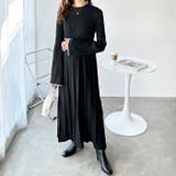 ブラック | 配色デザインフィット&フレアーニットワンピ | GeeRA