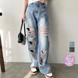 【nelliy.】オリジナルパットダメージワイドデニム | GeeRA | 詳細画像1 