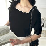 ブラック | 配色スカラップ５分袖サマーニット | GeeRA