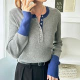 杢グレー×ブルー | レイヤード風ヘンリーネックリブニットトップス | GeeRA
