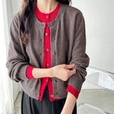 チャコール×レッド | フェイクレイヤードクルーネックカーデ | GeeRA